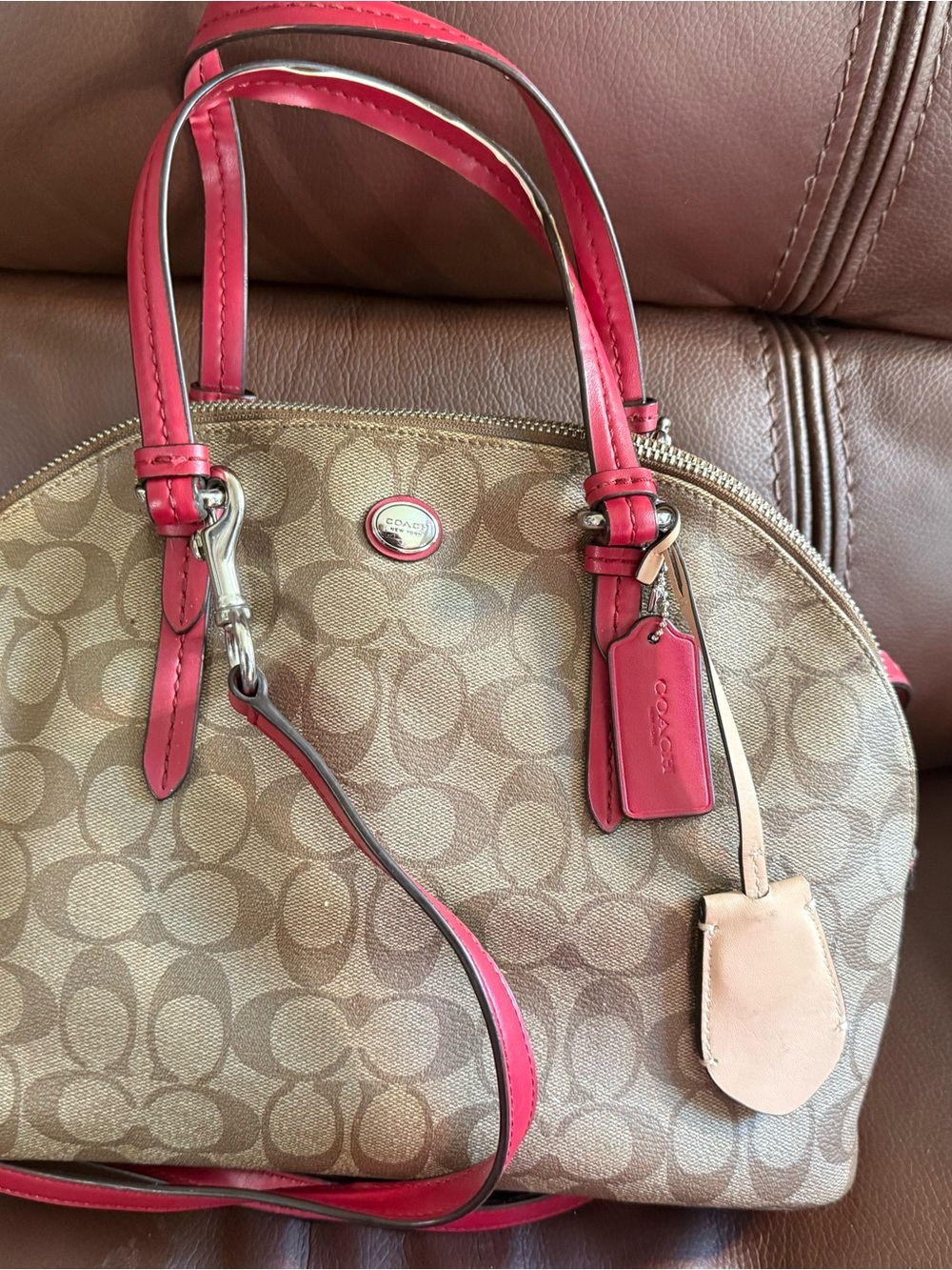 Coach Signature Dome Satchel with Red Trim
